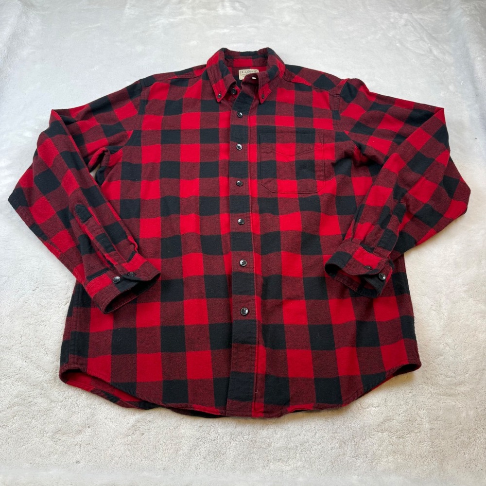 LLBean Mens Red Black Buffalo Plaid Flannel Shirt Traditional Fit‎ Cotton M REG